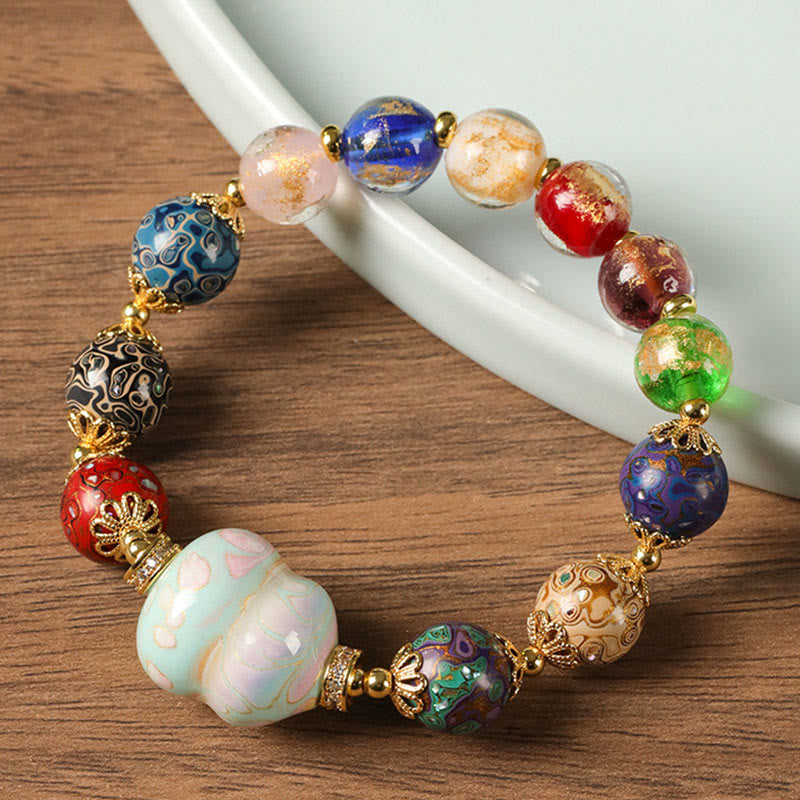 Colorful Liuli Glass Sandalwood Wu Lou Gourd Lacquer Bead Five Elements Bracelet