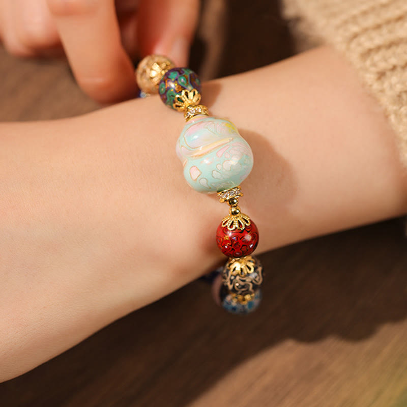 Colorful Liuli Glass Sandalwood Wu Lou Gourd Lacquer Bead Five Elements Bracelet