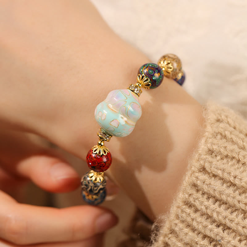 Colorful Liuli Glass Sandalwood Wu Lou Gourd Lacquer Bead Five Elements Bracelet