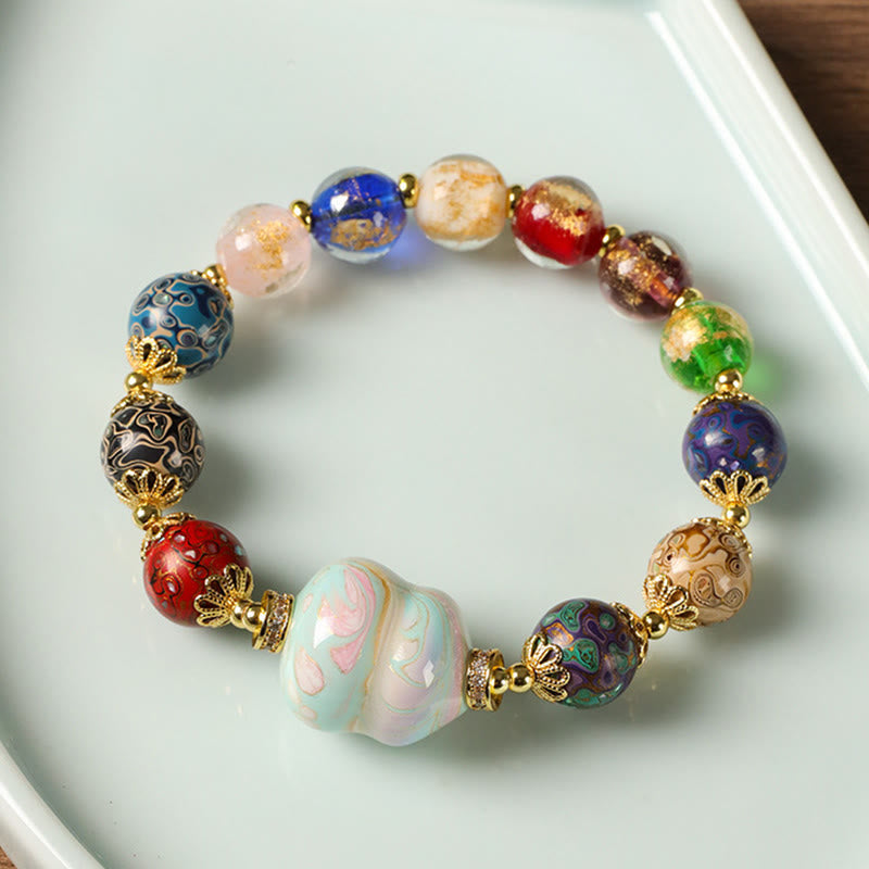 Colorful Liuli Glass Sandalwood Wu Lou Gourd Lacquer Bead Five Elements Bracelet