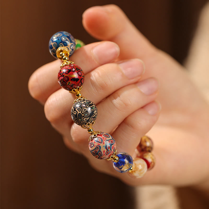 Colorful Liuli Glass Sandalwood Wu Lou Gourd Lacquer Bead Five Elements Bracelet