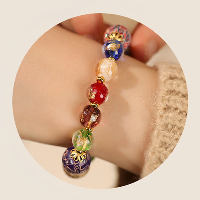 Colorful Liuli Glass Sandalwood Wu Lou Gourd Lacquer Bead Five Elements Bracelet