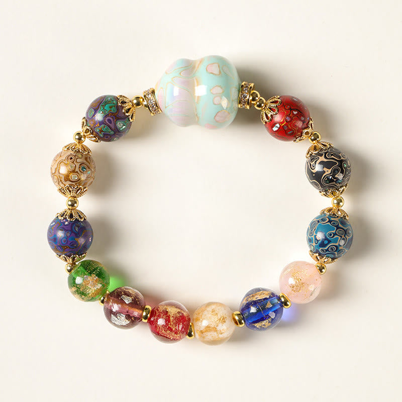 Colorful Liuli Glass Sandalwood Wu Lou Gourd Lacquer Bead Five Elements Bracelet