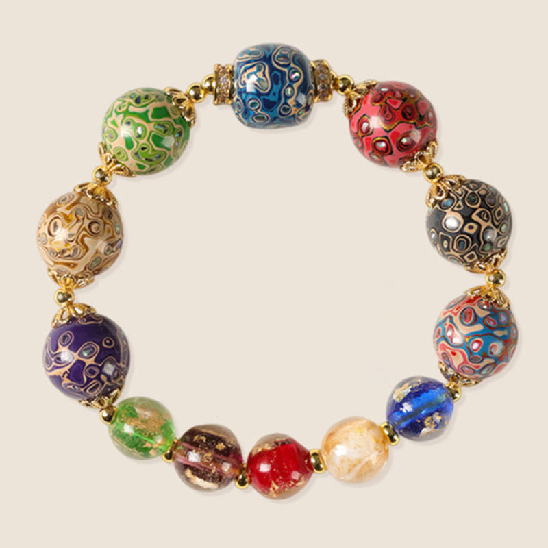 Colorful Liuli Glass Sandalwood Wu Lou Gourd Lacquer Bead Five Elements Bracelet
