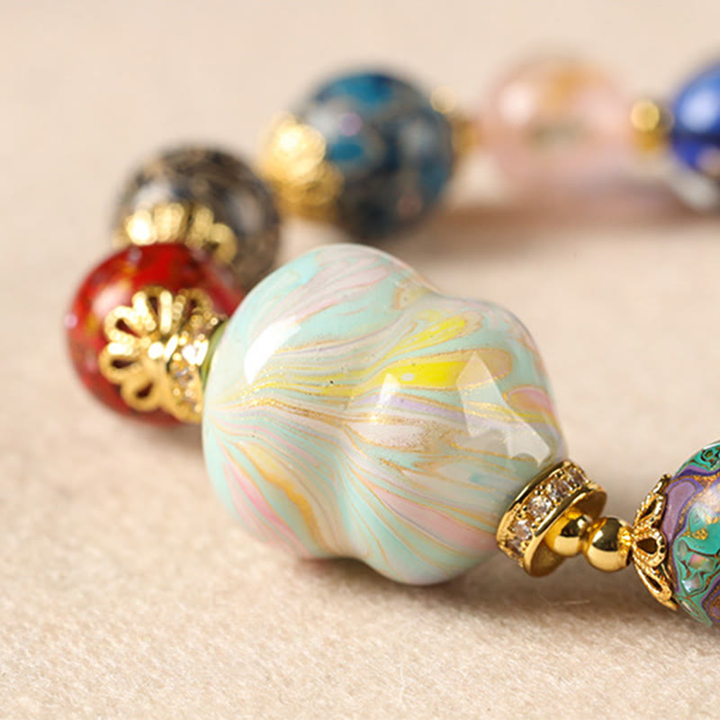 Colorful Liuli Glass Sandalwood Wu Lou Gourd Lacquer Bead Five Elements Bracelet