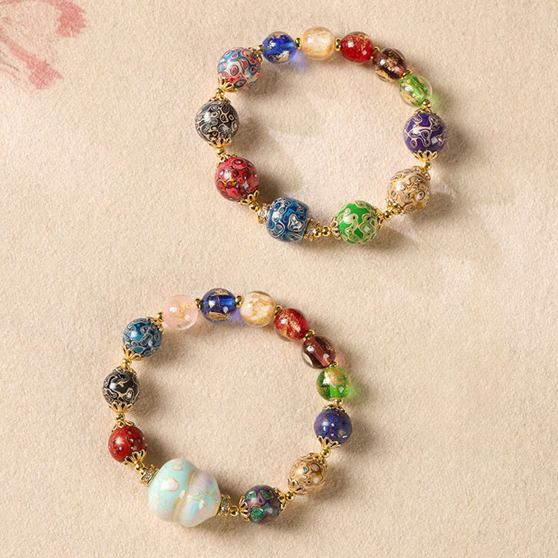 Colorful Liuli Glass Sandalwood Wu Lou Gourd Lacquer Bead Five Elements Bracelet
