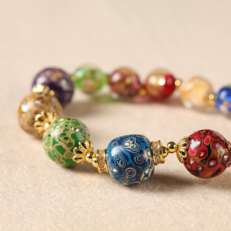 Colorful Liuli Glass Sandalwood Wu Lou Gourd Lacquer Bead Five Elements Bracelet