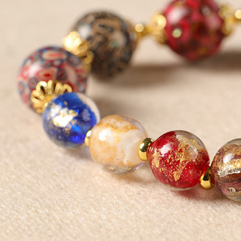 Colorful Liuli Glass Sandalwood Wu Lou Gourd Lacquer Bead Five Elements Bracelet