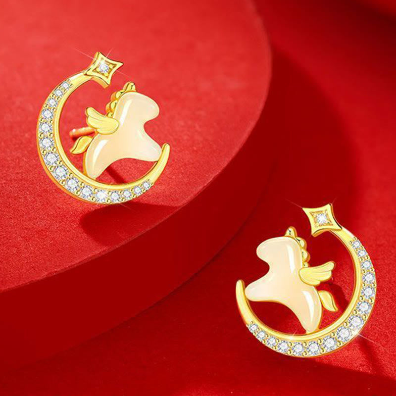 Year Of The Horse Hetian Jade 925 Sterling Silver Moon Zircon Abundance Earrings