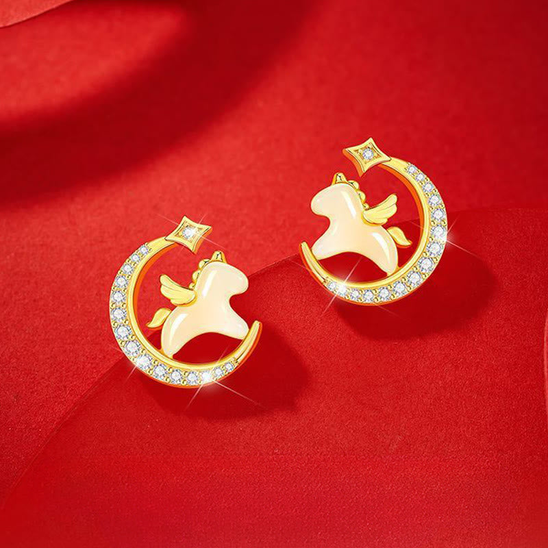 Year Of The Horse Hetian Jade 925 Sterling Silver Moon Zircon Abundance Earrings