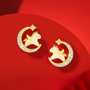 Year Of The Horse Hetian Jade 925 Sterling Silver Moon Zircon Abundance Earrings