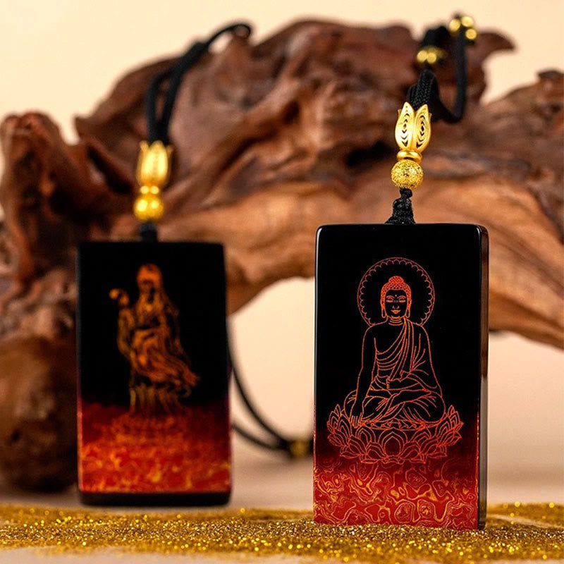 Chinese Zodiac Natal Buddha Fu Character Lacquer Craft Sandalwood Pendant Necklace