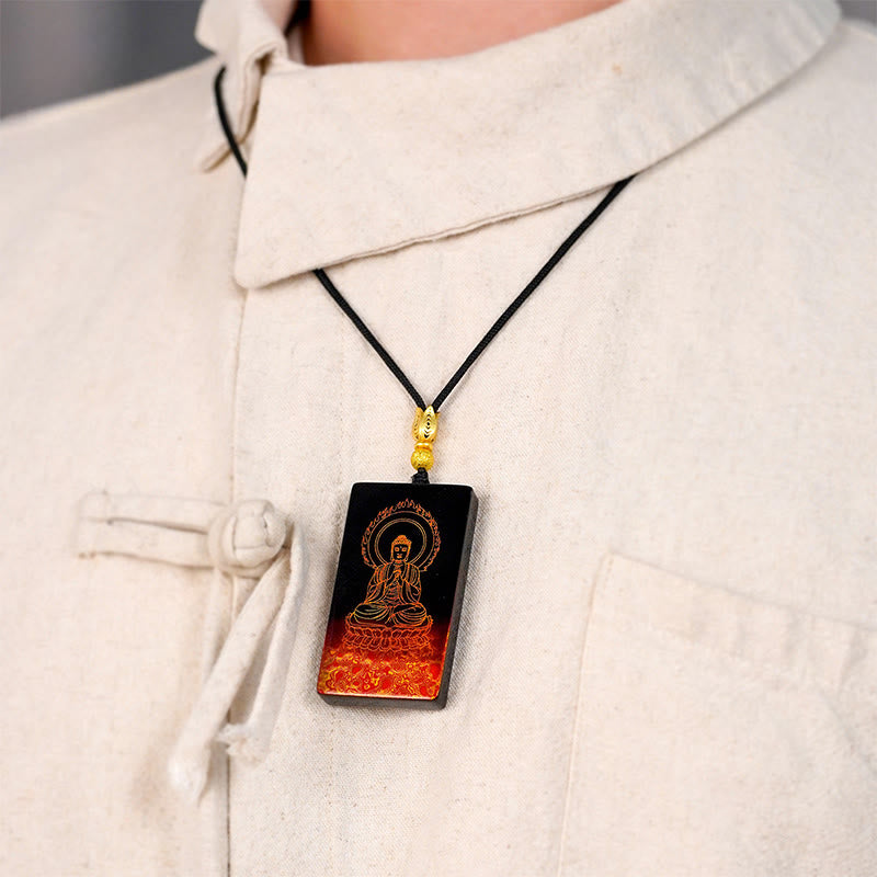 Chinese Zodiac Natal Buddha Fu Character Lacquer Craft Sandalwood Pendant Necklace