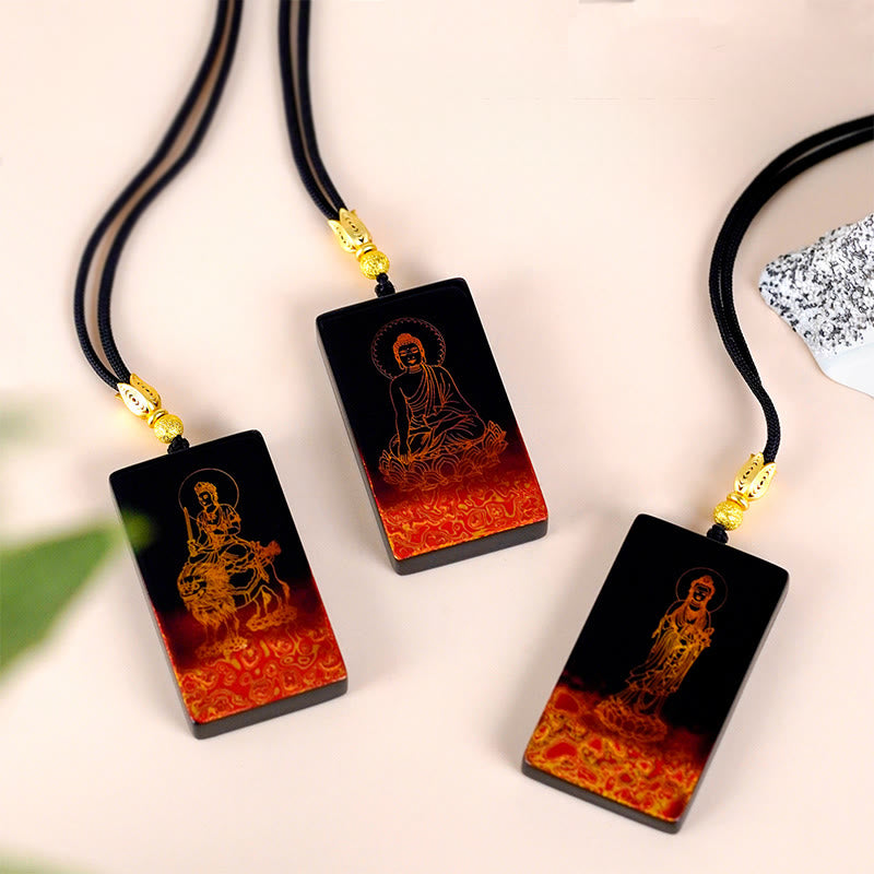 Chinese Zodiac Natal Buddha Fu Character Lacquer Craft Sandalwood Pendant Necklace