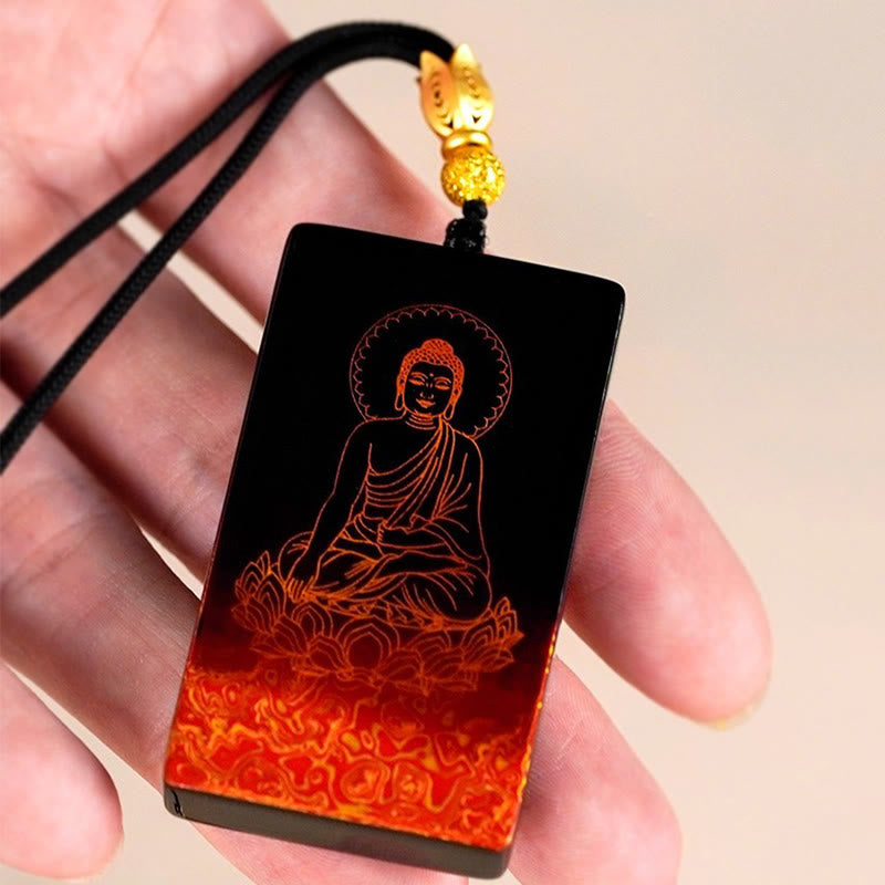 Chinese Zodiac Natal Buddha Fu Character Lacquer Craft Sandalwood Pendant Necklace