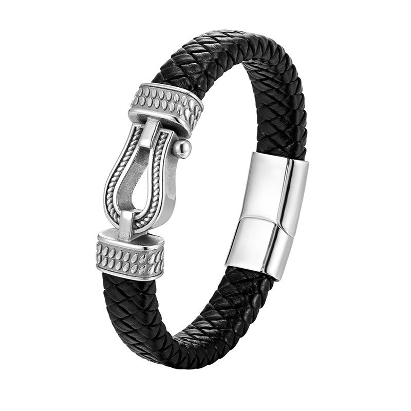 Braided Leather and Horseshoe Titanium Steel Magnetic Buckle Bracelet