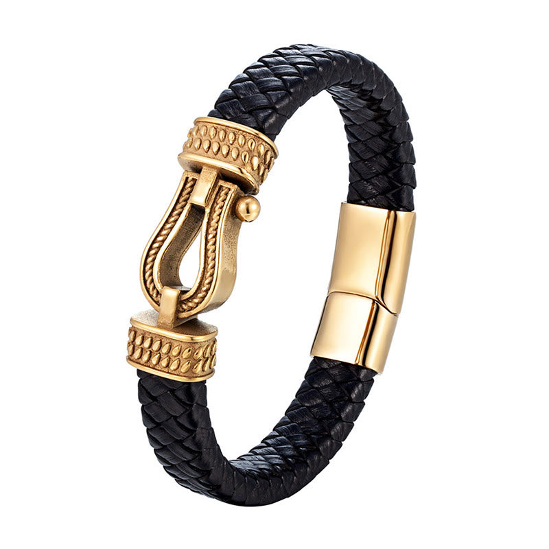 Braided Leather and Horseshoe Titanium Steel Magnetic Buckle Bracelet