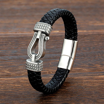 Braided Leather and Horseshoe Titanium Steel Magnetic Buckle Bracelet