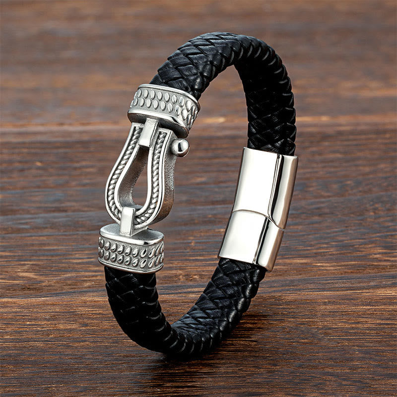 Braided Leather and Horseshoe Titanium Steel Magnetic Buckle Bracelet