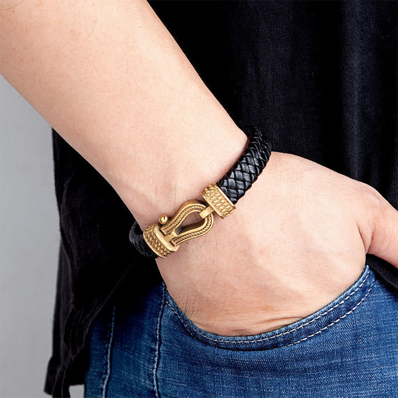 Braided Leather and Horseshoe Titanium Steel Magnetic Buckle Bracelet