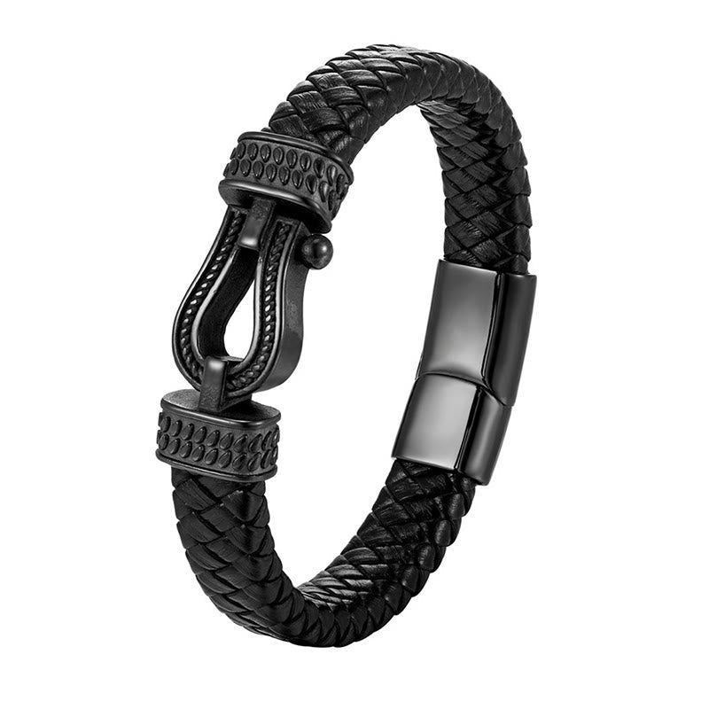 Braided Leather and Horseshoe Titanium Steel Magnetic Buckle Bracelet