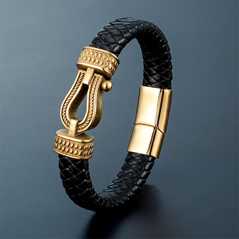 Braided Leather and Horseshoe Titanium Steel Magnetic Buckle Bracelet