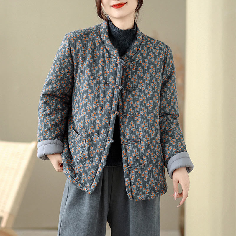Winter Frog-button Floral Long Sleeve Women's Thickened Cotton Jacket With Pockets