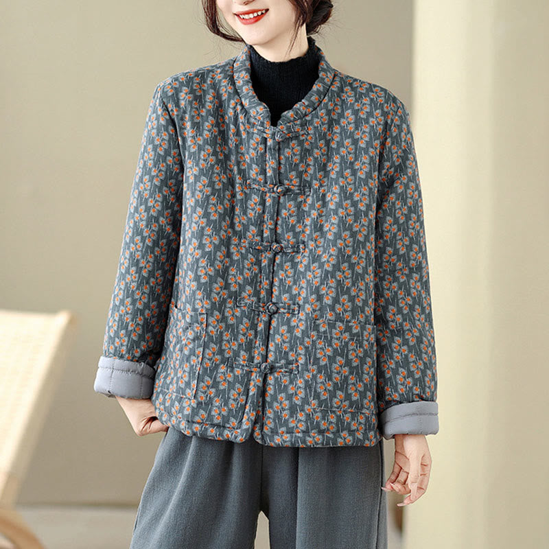 Winter Frog-button Floral Long Sleeve Women's Thickened Cotton Jacket With Pockets