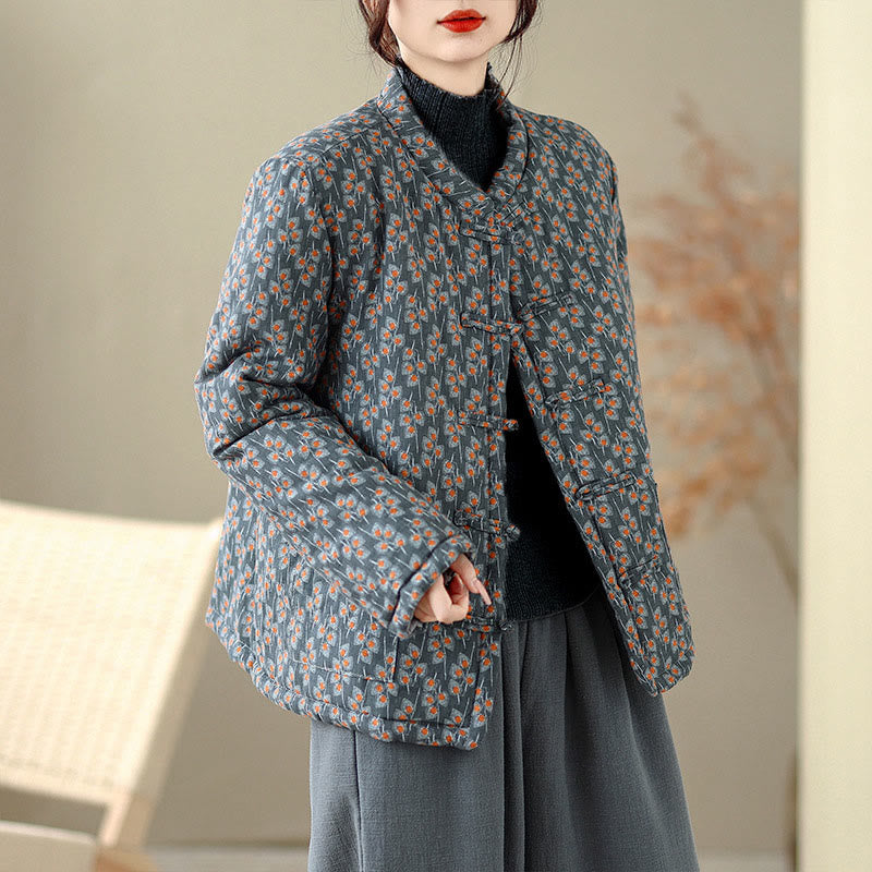 Winter Frog-button Floral Long Sleeve Women's Thickened Cotton Jacket With Pockets