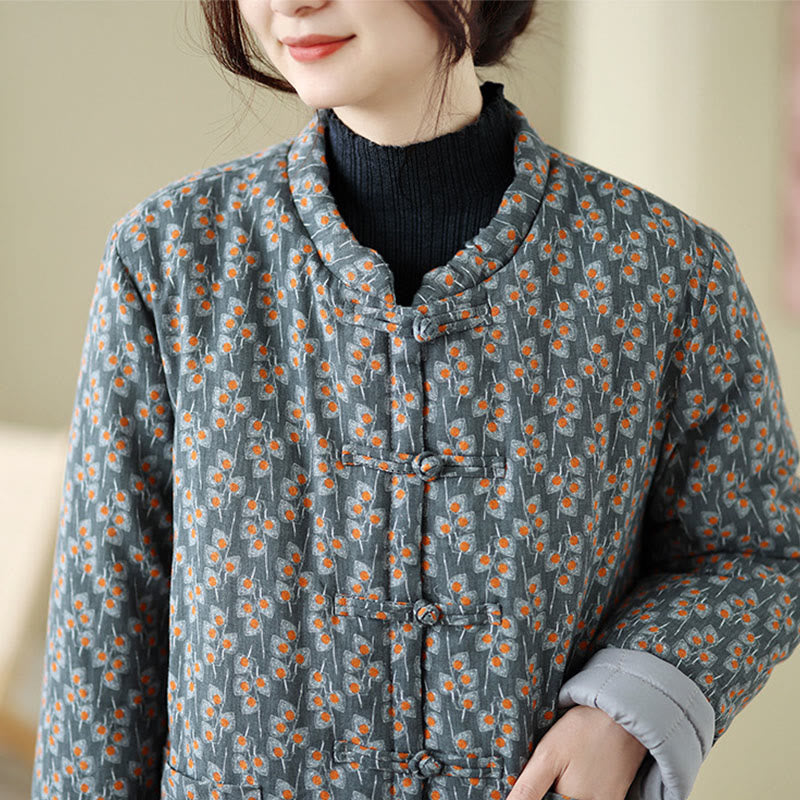 Winter Frog-button Floral Long Sleeve Women's Thickened Cotton Jacket With Pockets