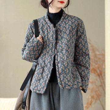 Winter Frog-button Floral Long Sleeve Women's Thickened Cotton Jacket With Pockets