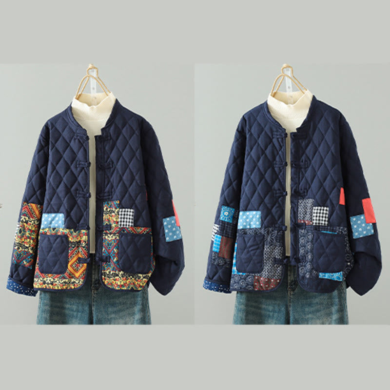 Ethnic Frog-button Patchwork Women's Thickened Cotton Long Sleeve Jacket With Pockets