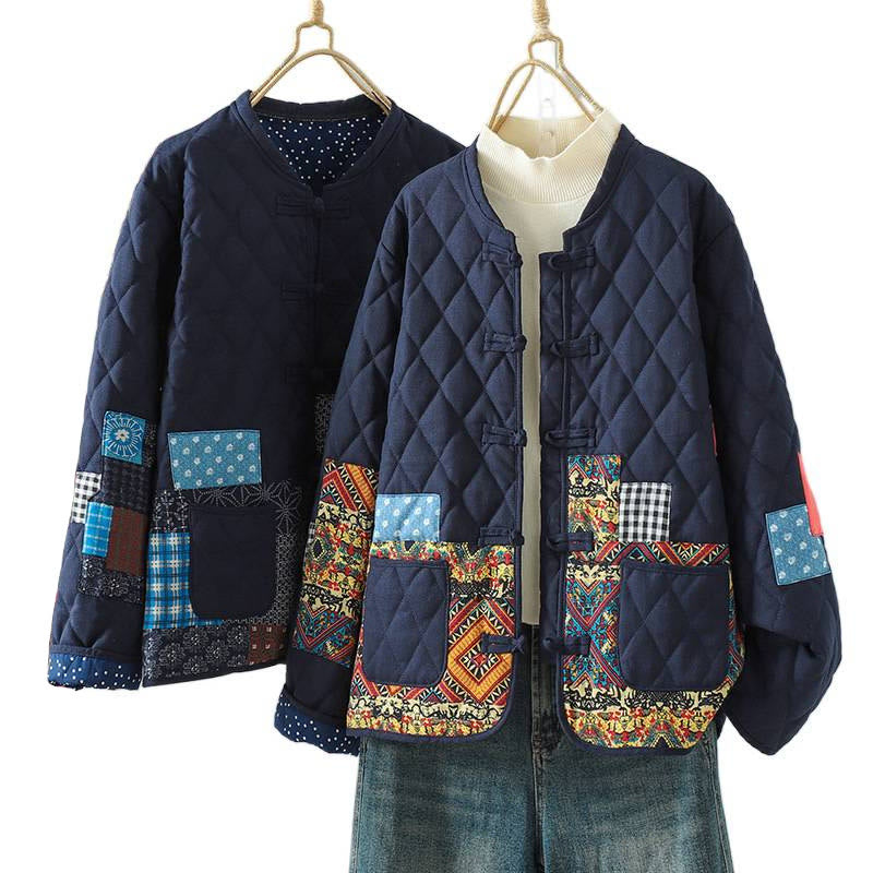 Ethnic Frog-button Patchwork Women's Thickened Cotton Long Sleeve Jacket With Pockets