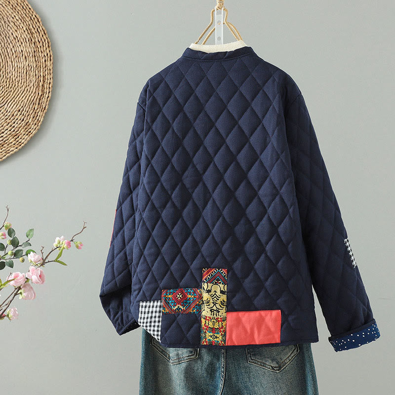Ethnic Frog-button Patchwork Women's Thickened Cotton Long Sleeve Jacket With Pockets
