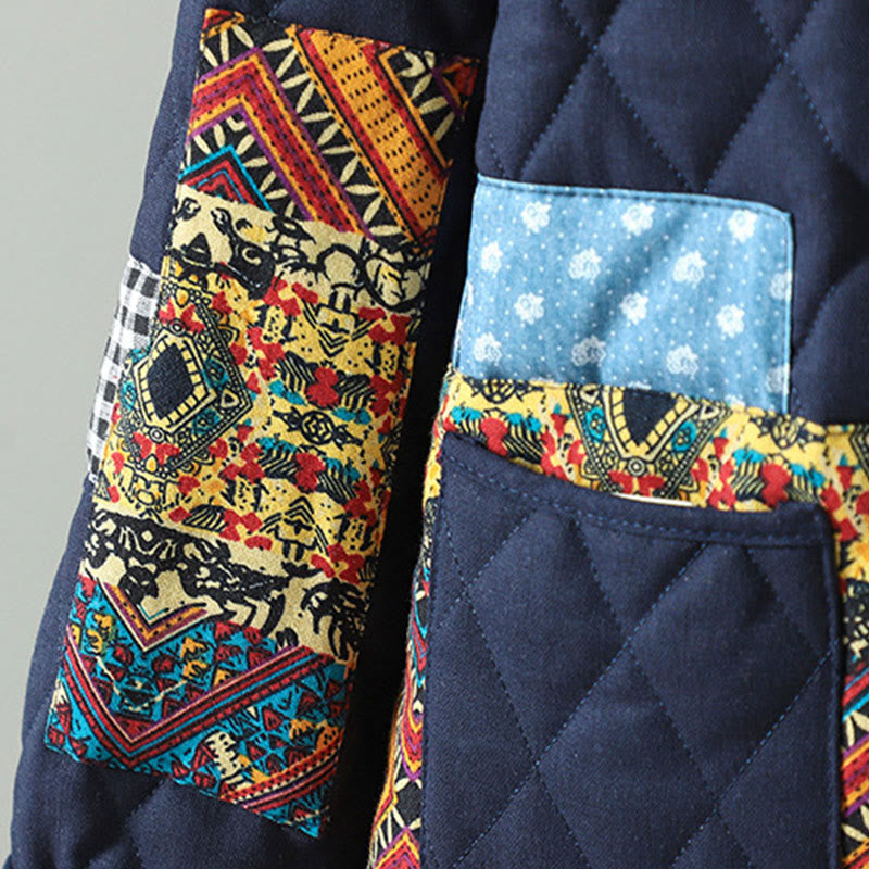 Ethnic Frog-button Patchwork Women's Thickened Cotton Long Sleeve Jacket With Pockets