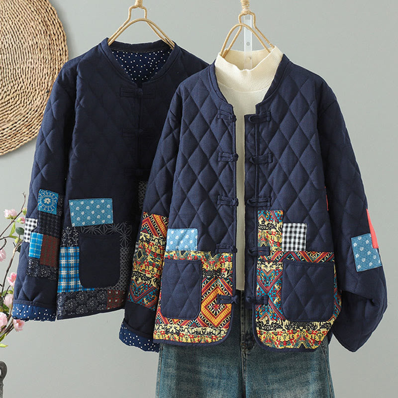 Ethnic Frog-button Patchwork Women's Thickened Cotton Long Sleeve Jacket With Pockets