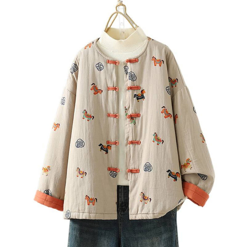 Thickened Cotton-Blend Floral Frog-Button Meditation Jacket