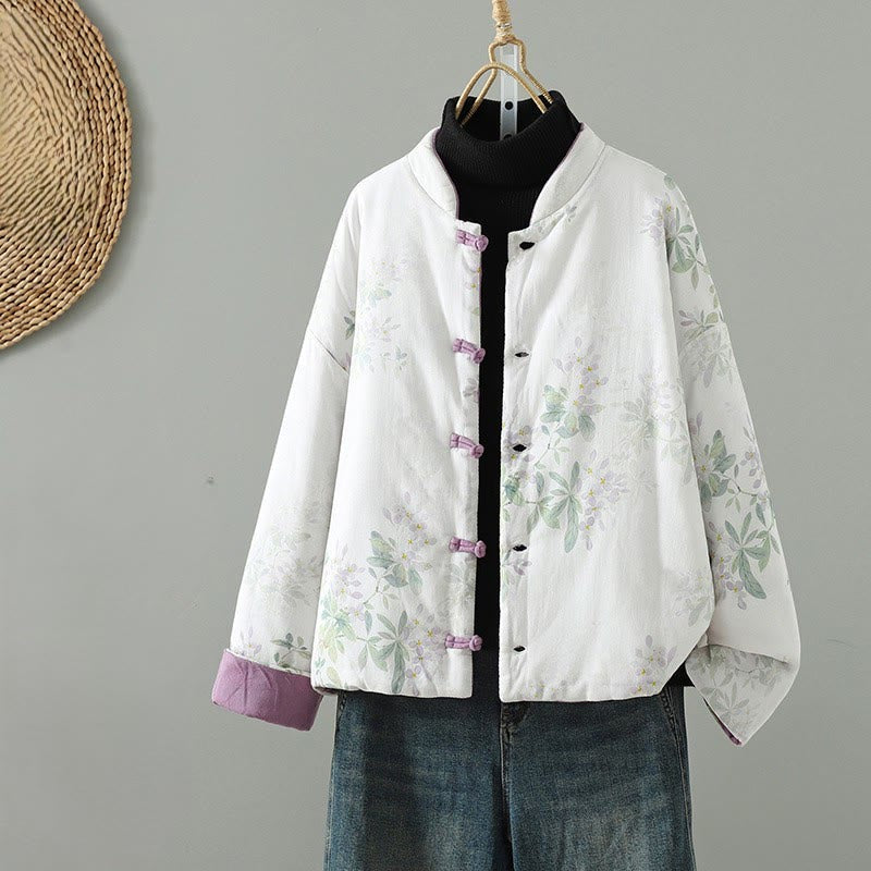 Women's Printing Flower Pattern Long Sleeve Frog-buttons Cotton Jacket