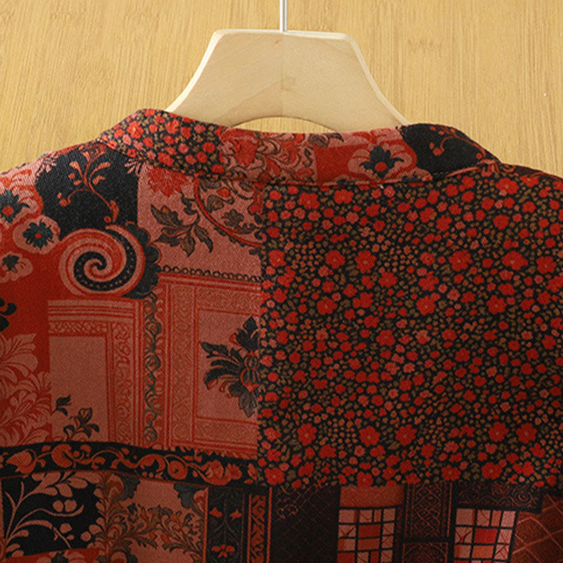 Women's Ethnic Floral Long Sleeve Frog-buttons Cotton Thermal Jacket