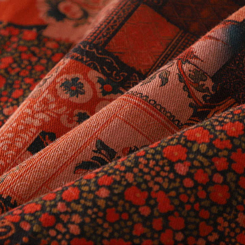 Women's Ethnic Floral Long Sleeve Frog-buttons Cotton Thermal Jacket