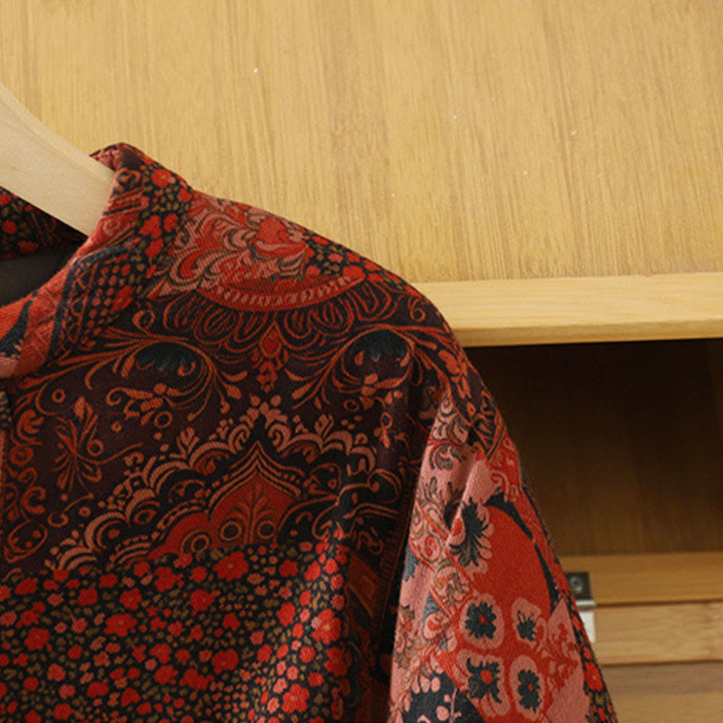 Women's Ethnic Floral Long Sleeve Frog-buttons Cotton Thermal Jacket