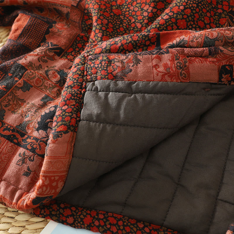 Women's Ethnic Floral Long Sleeve Frog-buttons Cotton Thermal Jacket