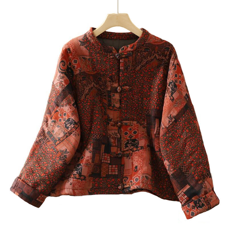 Women's Ethnic Floral Long Sleeve Frog-buttons Cotton Thermal Jacket