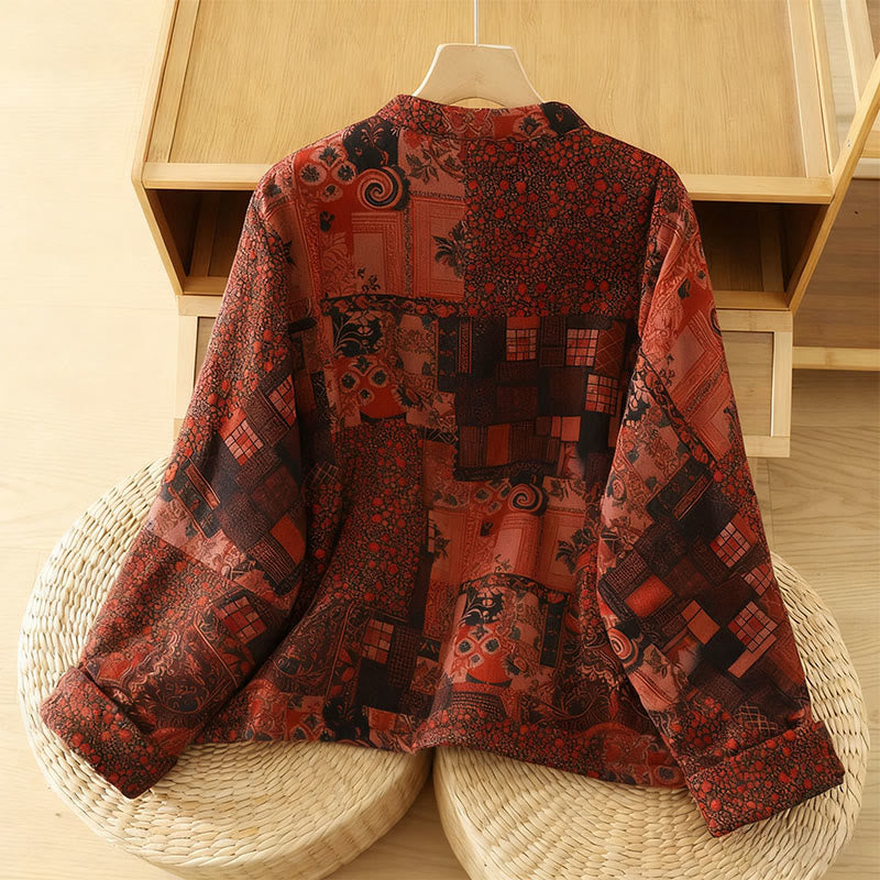 Women's Ethnic Floral Long Sleeve Frog-buttons Cotton Thermal Jacket