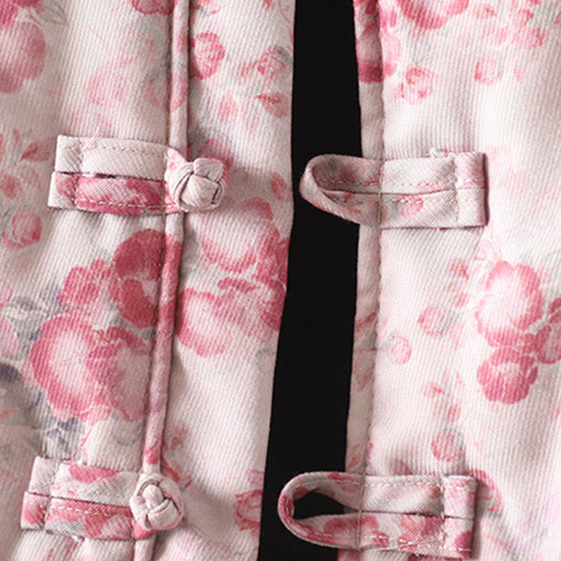 Women's Commute LightPink Printing Floral Frog-buttons Cotton Long Sleeve Jacket