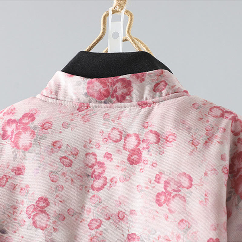 Women's Commute LightPink Printing Floral Frog-buttons Cotton Long Sleeve Jacket