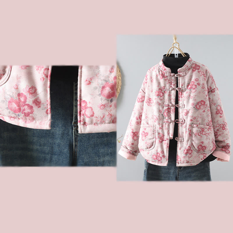 Women's Commute LightPink Printing Floral Frog-buttons Cotton Long Sleeve Jacket