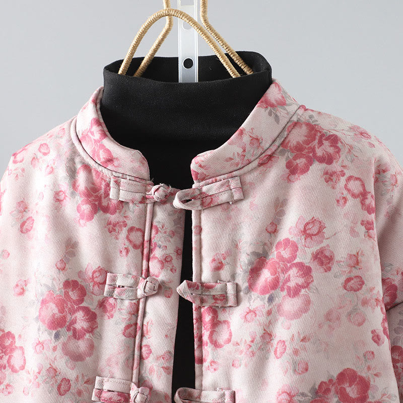 Women's Commute LightPink Printing Floral Frog-buttons Cotton Long Sleeve Jacket