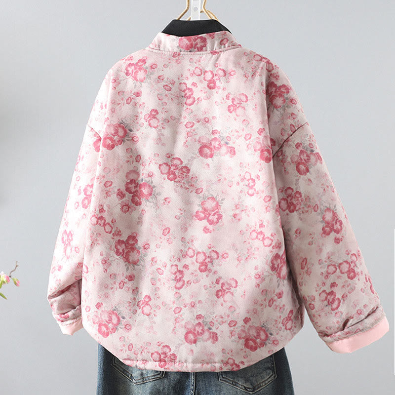 Women's Commute LightPink Printing Floral Frog-buttons Cotton Long Sleeve Jacket