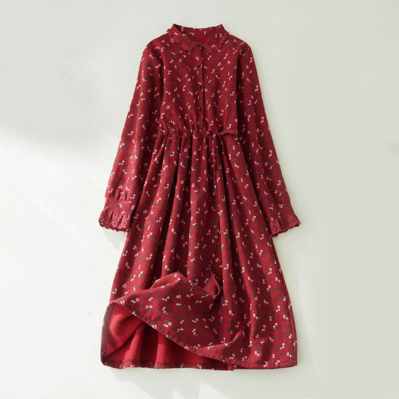 Corduroy Floral Lace Patchwork Long Sleeve Meditation Midi Dress